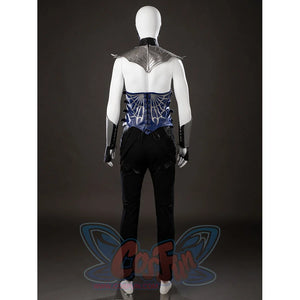 Mortal Kombat 2 Kitana cosplay costume back view sets a laced blue vest below gray shoulder armor.