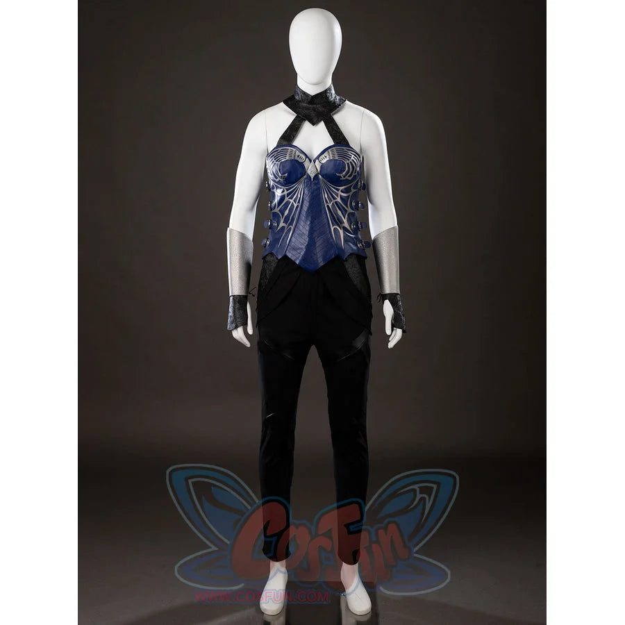 Mortal Kombat 2 Kitana cosplay costume front view centers a blue vest beneath crossed black neck straps.