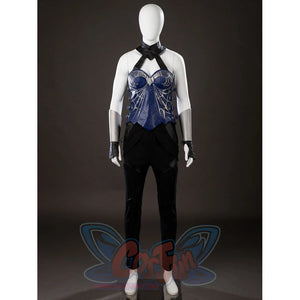 Mortal Kombat 2 Kitana cosplay costume front view centers a blue vest beneath crossed black neck straps.