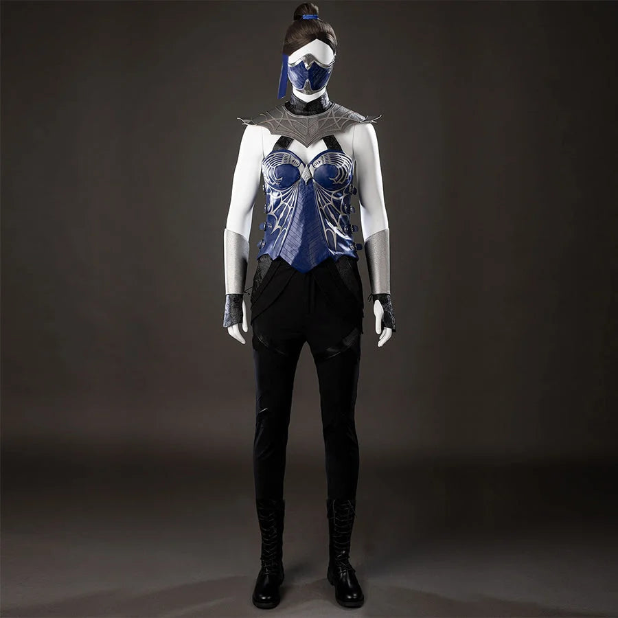 COSFUN Mortal Kombat 2 Kitana cosplay costume front view layers a blue vest under sharp shoulder armor and mask.