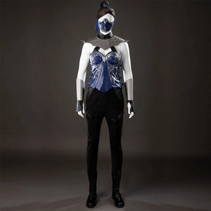 COSFUN Mortal Kombat 2 Kitana cosplay costume front view layers a blue vest under sharp shoulder armor and mask.