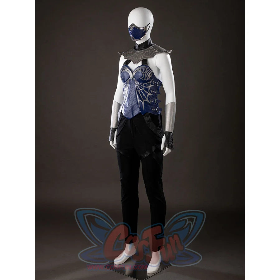 Mortal Kombat 2 Kitana cosplay costume three-quarter view frames the blue vest over slim black pants.