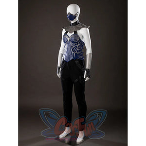 Mortal Kombat 2 Kitana cosplay costume three-quarter view frames the blue vest over slim black pants.