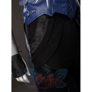 Mortal Kombat 2 Kitana cosplay hip detail layers black pants beneath the blue vest and side panel.