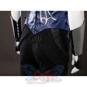 Mortal Kombat 2 Kitana cosplay lower-back detail layers blue vest lacing above black hip panels.