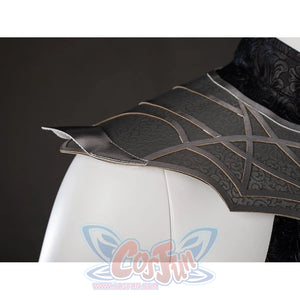 Mortal Kombat 2 Kitana cosplay shoulder armor close-up layers gray patterned panels over the upper arm.