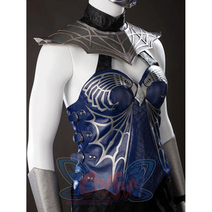 Mortal Kombat 2 Kitana cosplay vest detail angles blue side buckles below a silver arm guard.