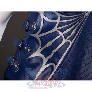 Mortal Kombat 2 Kitana cosplay vest side detail sets blue buckled panels against silver web trim.