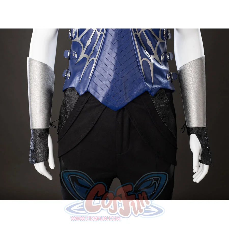 Mortal Kombat 2 Kitana cosplay waist detail frames layered black pants below silver arm guards.