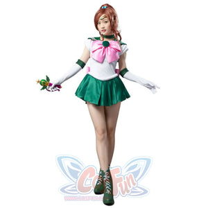 Makoto Kino cosplay costume frames a pink chest bow against a white top layered over a green pleated miniskirt.