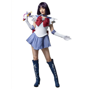 COSFUN Sailor Saturn Hotaru Tomoe cosplay costume pairs a dark uniform dress with gloves and boots.