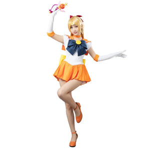 COSFUN Sailor Venus Minako Aino cosplay dress pairs a sailor leotard and pleated skirt with ribbed orange gloves.