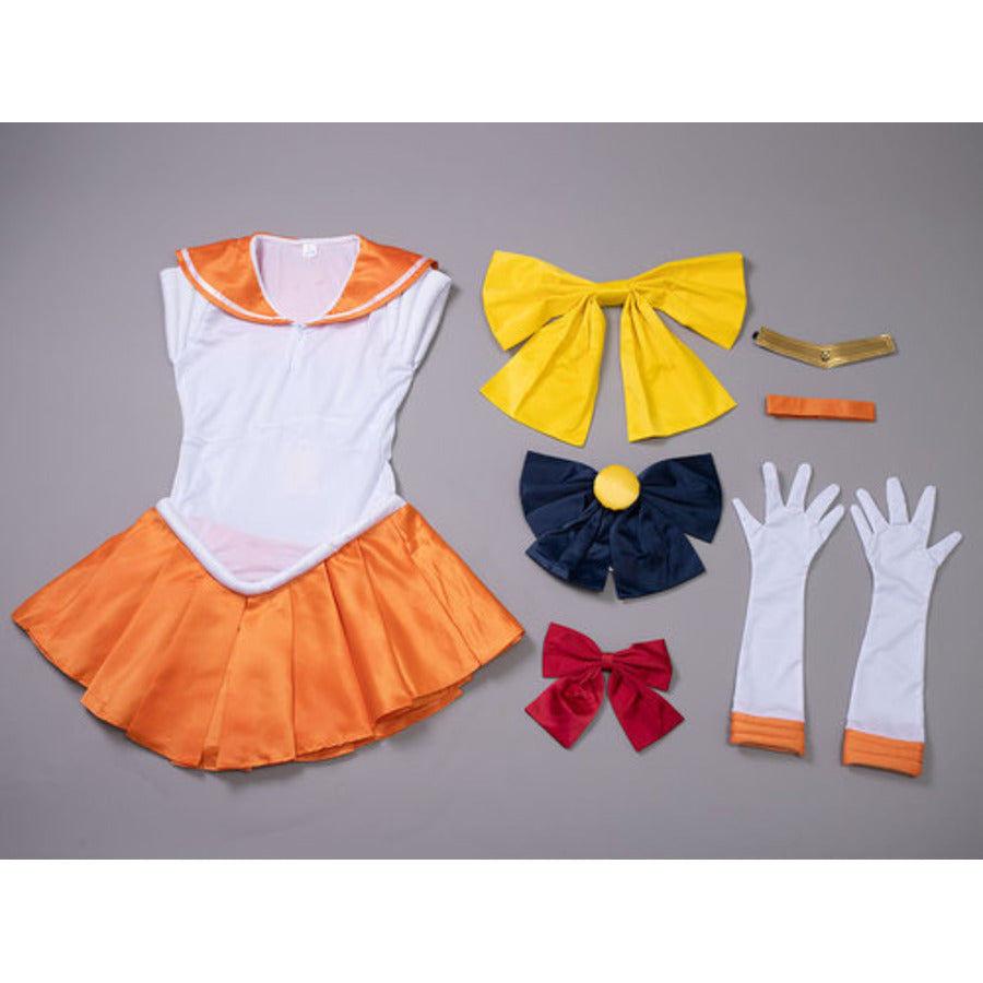 Sailor Venus Minako Aino cosplay costume set centers a yellow bow and navy broach bow over an orange pleated skirt.