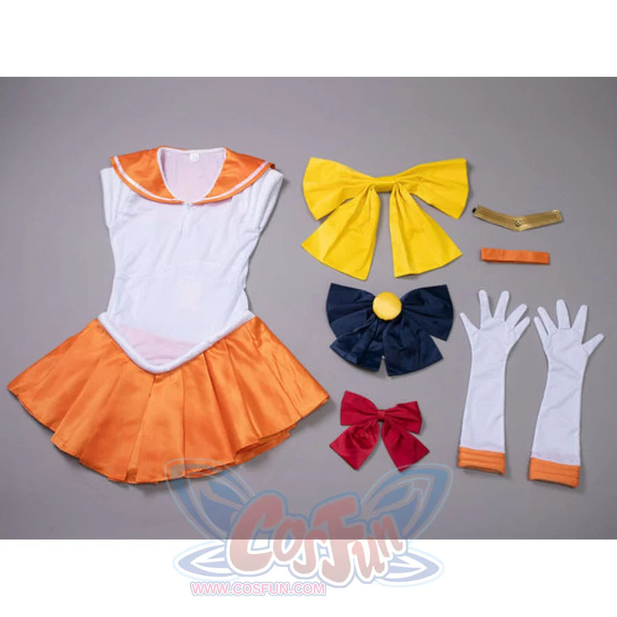 Sailor Venus Minako Aino cosplay costume set centers a yellow bow and navy broach bow over an orange pleated skirt.