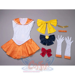 Sailor Venus Minako Aino cosplay costume set centers a yellow bow and navy broach bow over an orange pleated skirt.