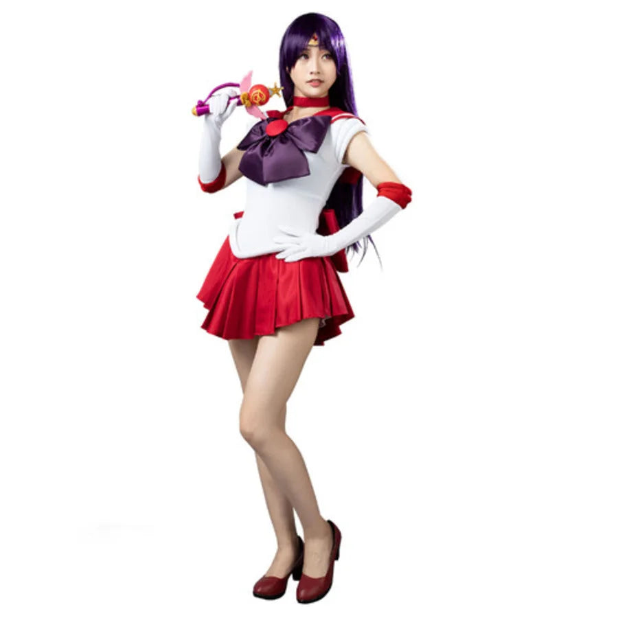COSFUN Sailor Mars Rei Hino 1st Gen cosplay costume layers red pleated skirt paired with a gold star headband and prop wand.