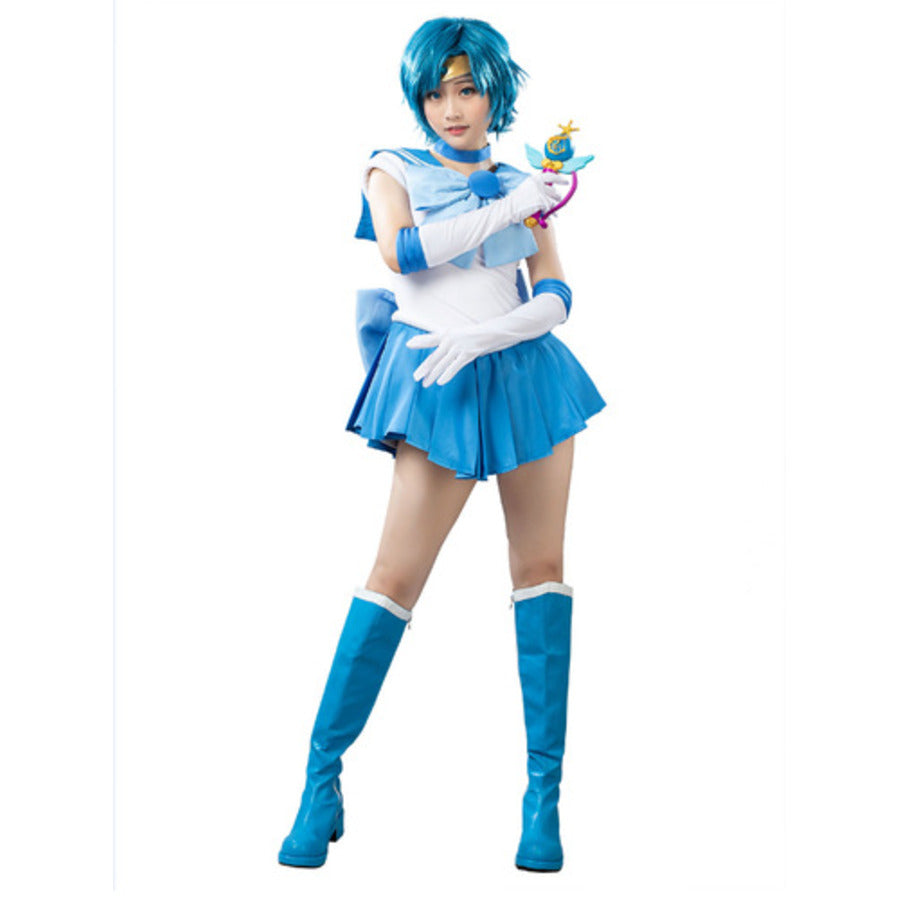 Ami Mizuno cosplay costume pairs a white blue sailor bodysuit over a short blue pleated skirt and long blue boots.