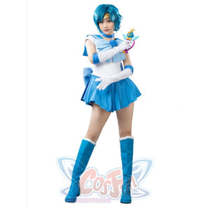 Ami Mizuno cosplay costume pairs a white blue sailor bodysuit over a short blue pleated skirt and long blue boots.