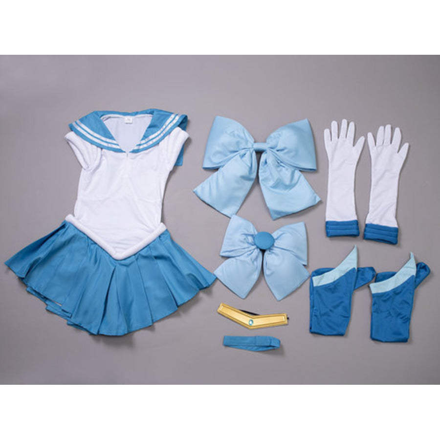 Ami Mizuno cosplay costume dress anchors matching waist and back bows beside blue-cuffed gloves and a gold tiara.