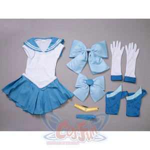Ami Mizuno cosplay costume dress anchors matching waist and back bows beside blue-cuffed gloves and a gold tiara.