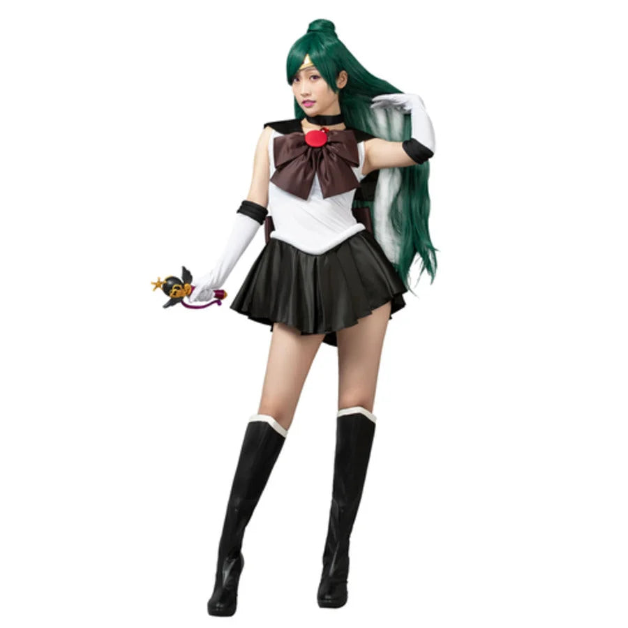 COSFUN Sailor Pluto Setsuna Meioh cosplay dress layers a dark fuku over matching black boots and a brown bow brooch.