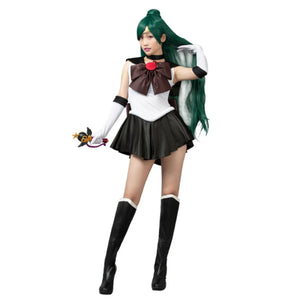 COSFUN Sailor Pluto Setsuna Meioh cosplay dress layers a dark fuku over matching black boots and a brown bow brooch.