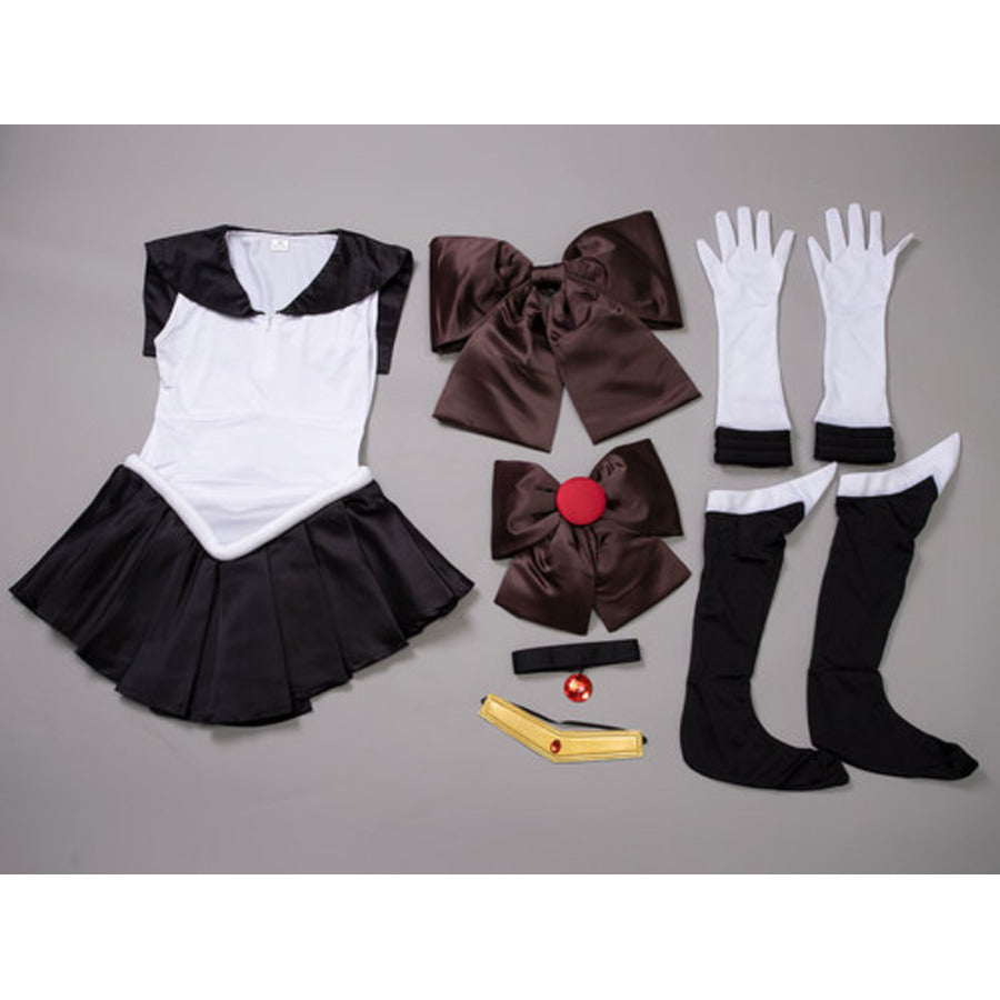 Sailor Pluto Setsuna Meioh cosplay set pairs a sailor-collar dress and gloves anchored by gold tiara and red gem accents.