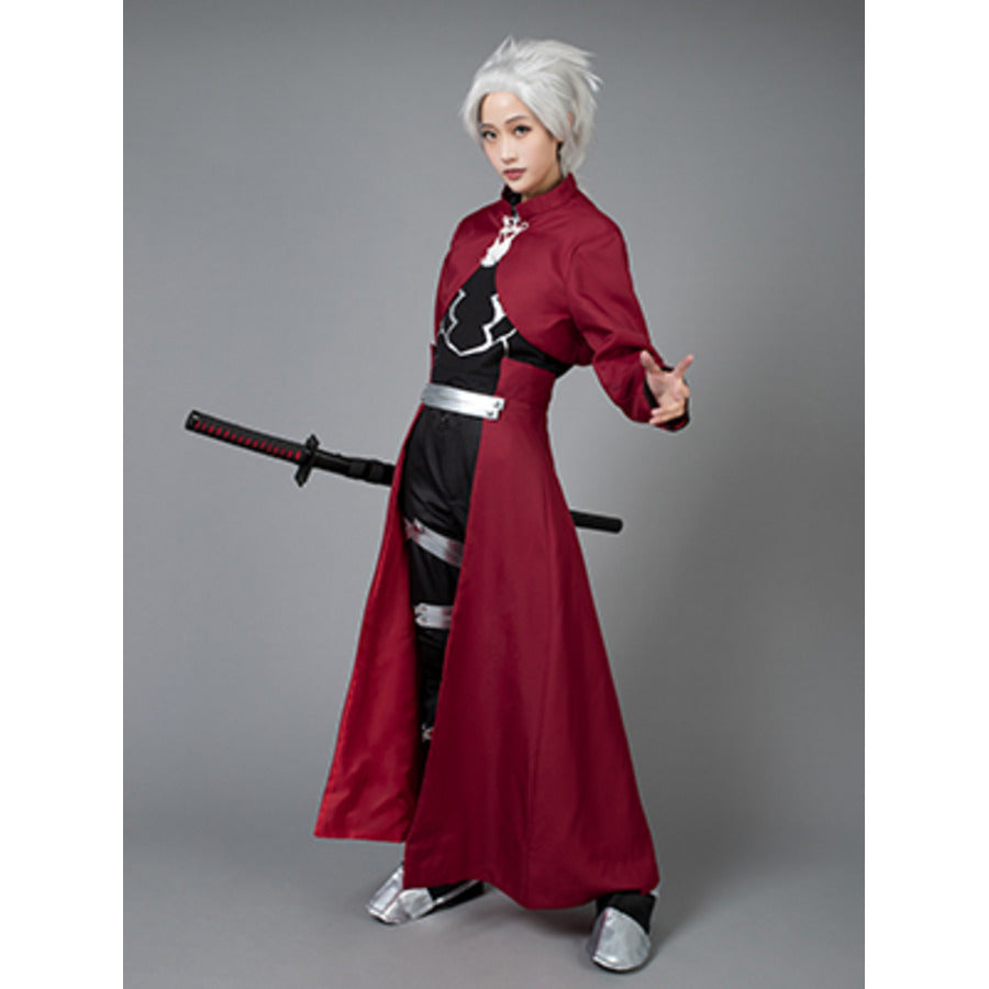 Archer cosplay coat drapes an open dark red layer over chest armor and silver-banded black pants.