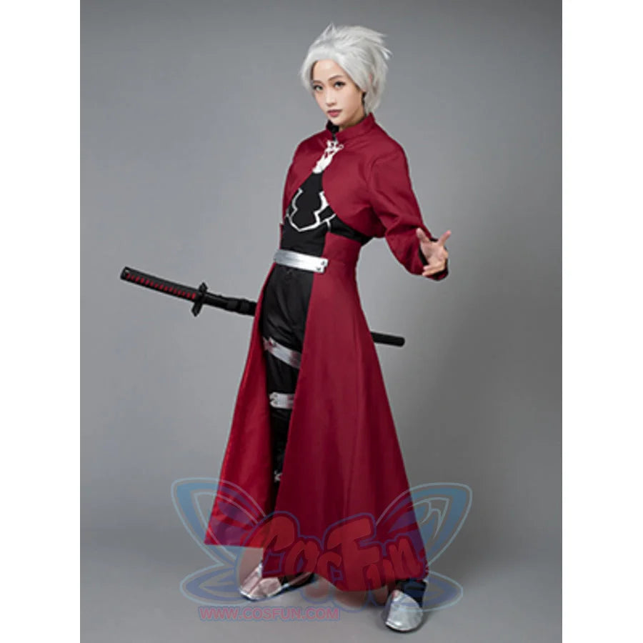 Archer cosplay coat drapes an open dark red layer over chest armor and silver-banded black pants.