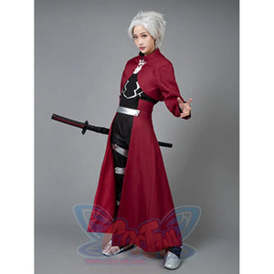 Archer cosplay coat drapes an open dark red layer over chest armor and silver-banded black pants.