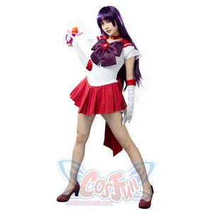 Rei Hino Makoto Kino Ami Mizuno cosplay dress pairs large purple gold bows against a red collar and pleated skirt.