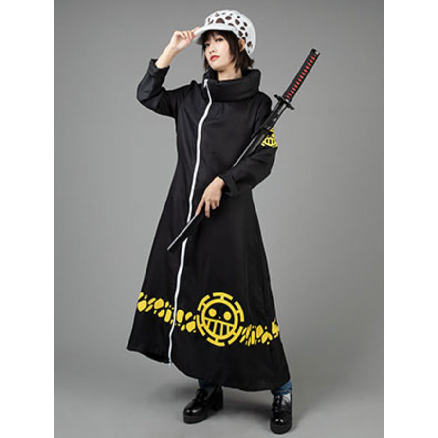 Trafalgar Law cosplay coat layers a zippered black trench over yellow graphics paired with a beanie.