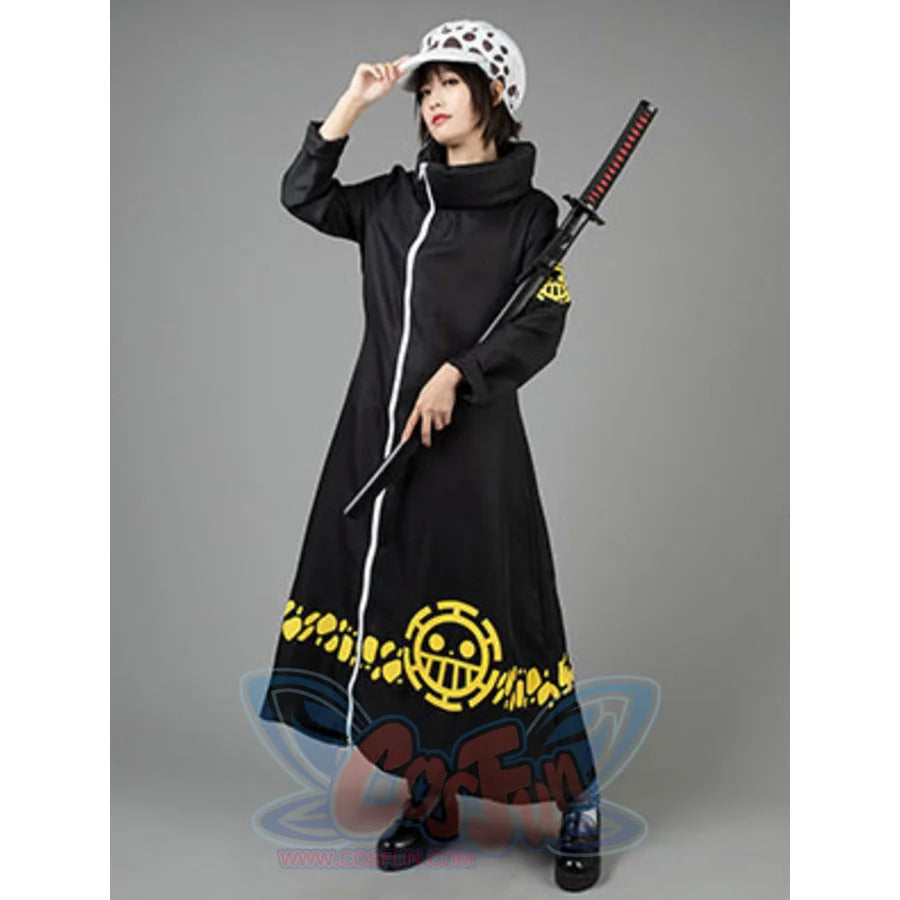 Trafalgar Law cosplay coat layers a zippered black trench over yellow graphics paired with a beanie.