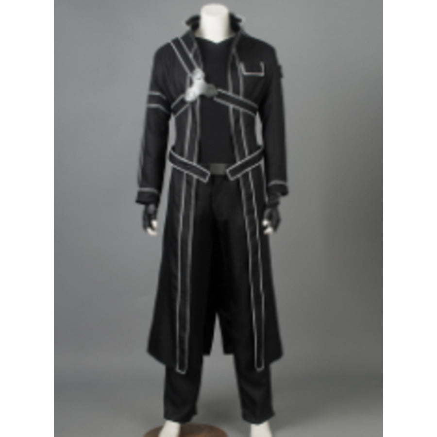 Kirito SAO cosplay costume frames a long black coat trimmed in white and balanced by a silver harness.