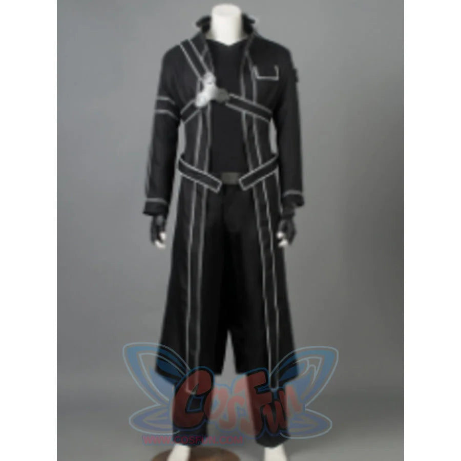 Kirito SAO cosplay costume frames a long black coat trimmed in white and balanced by a silver harness.