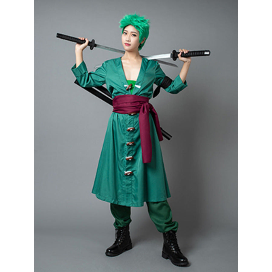 Roronoa Zoro cosplay costume centers a green button-front coat anchored by a wide maroon sash.
