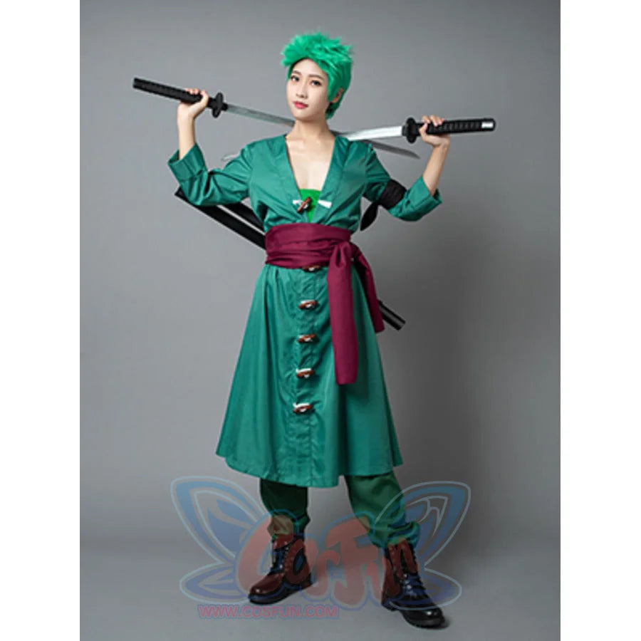 Roronoa Zoro cosplay costume centers a green button-front coat anchored by a wide maroon sash.