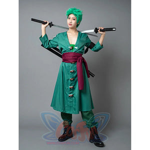 Roronoa Zoro cosplay costume centers a green button-front coat anchored by a wide maroon sash.
