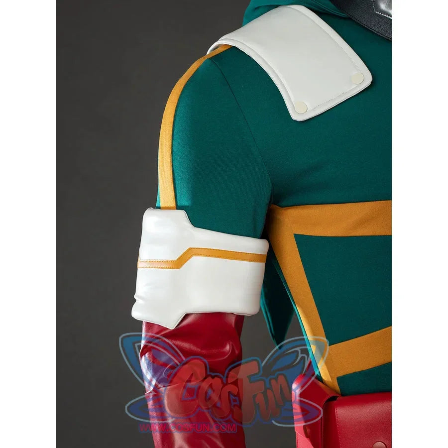 My Hero Academia Deku cosplay arm detail places a white band over red glossy sleeve armor and yellow trim.