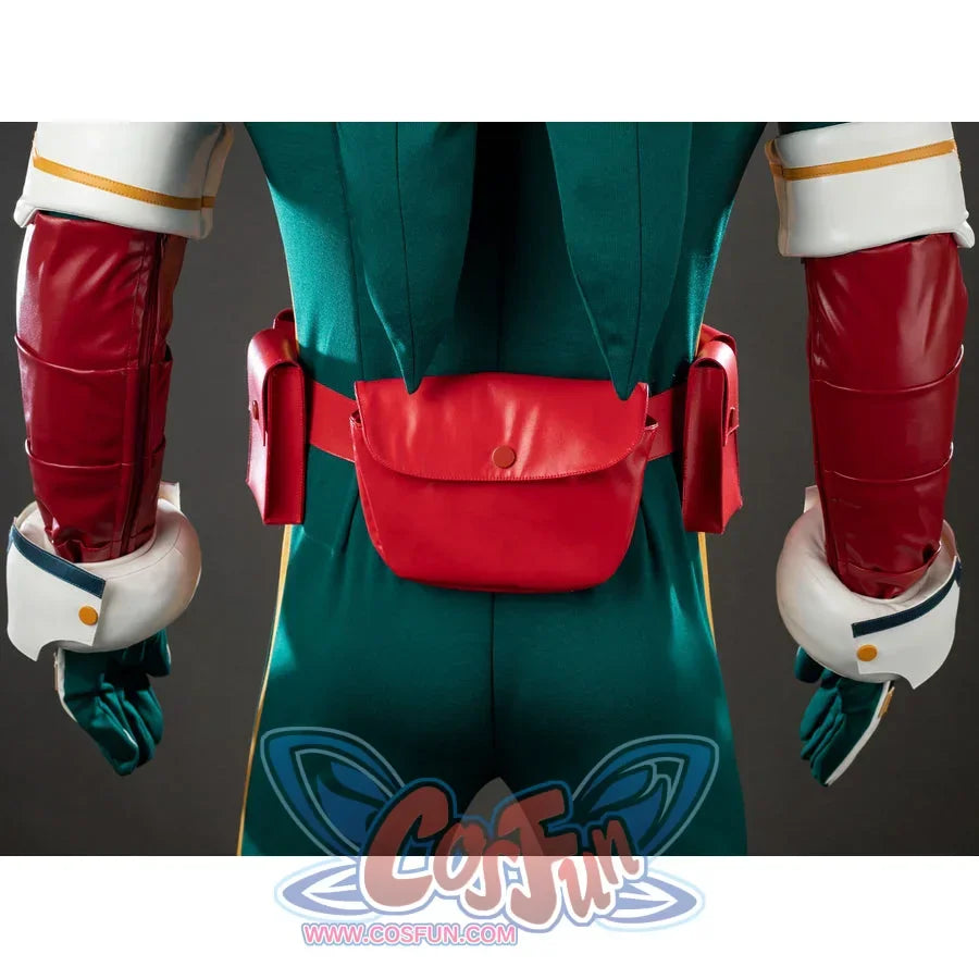 My Hero Academia Deku cosplay back waist detail centers a red pouch beneath the hooded bodysuit.