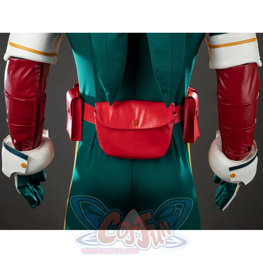 My Hero Academia Deku cosplay back waist detail centers a red pouch beneath the hooded bodysuit.