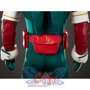 My Hero Academia Deku cosplay back waist detail centers a red pouch beneath the hooded bodysuit.