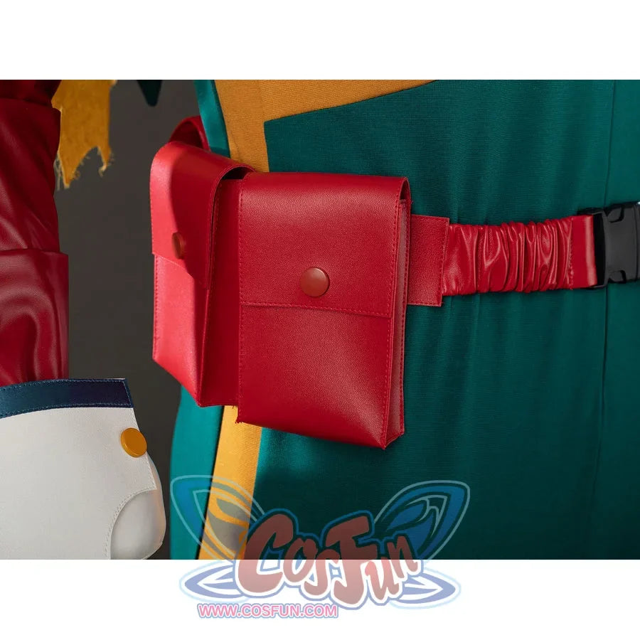 My Hero Academia Deku cosplay belt pouch close-up anchors a red snap bag beside the waist strap.