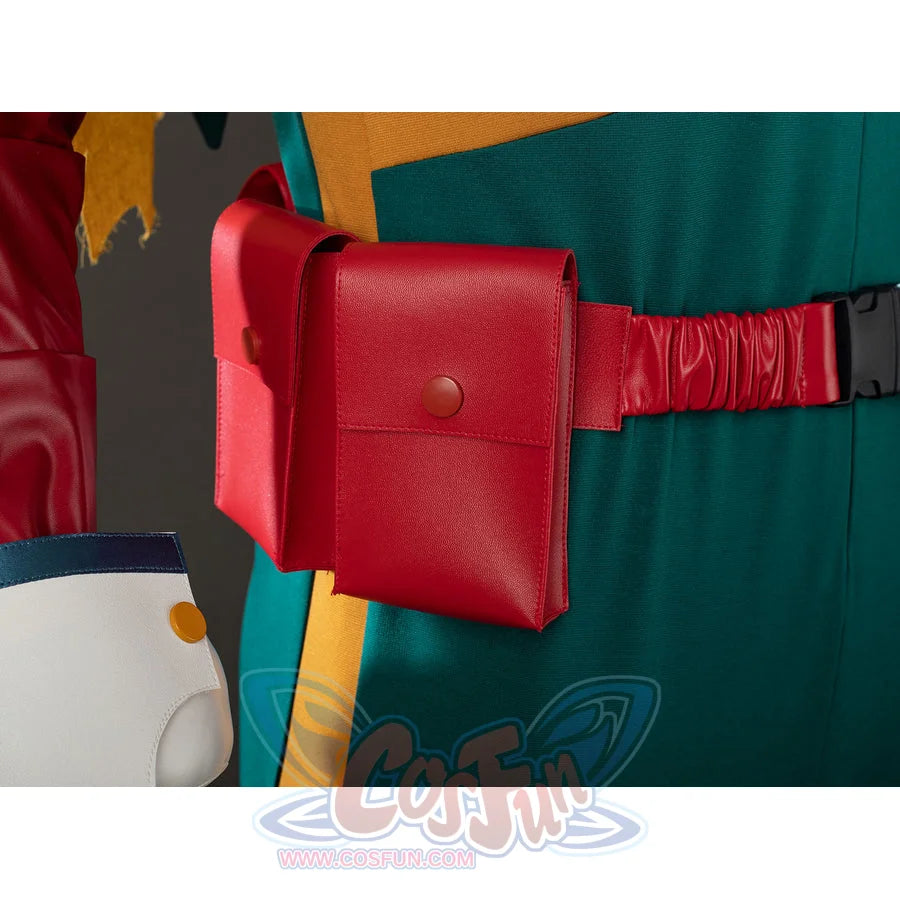 My Hero Academia Deku cosplay belt pouch close-up anchors a red snap bag beside the waist strap.