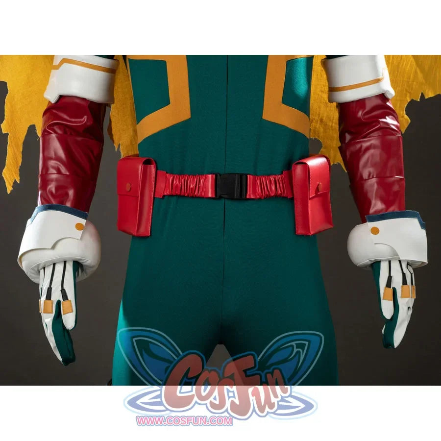 My Hero Academia Deku cosplay belt detail centers red pouches between glossy arm guards and white cuffs.