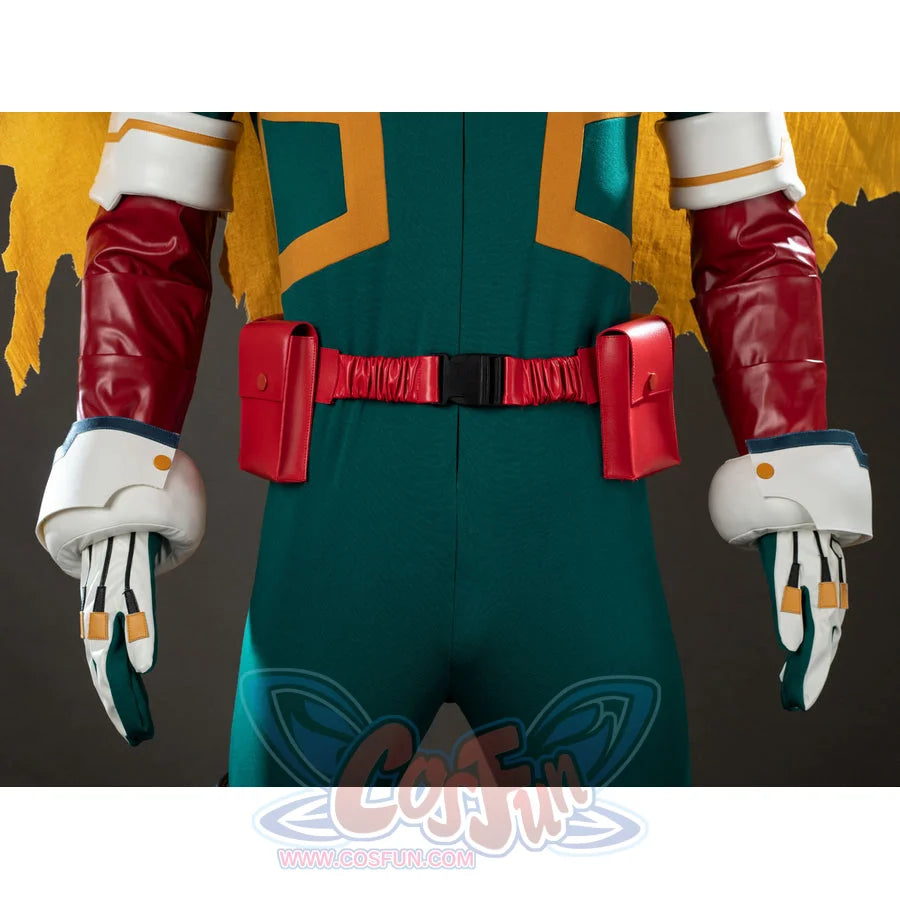My Hero Academia Deku cosplay belt detail centers red pouches between glossy arm guards and white cuffs.