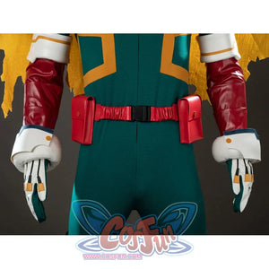 My Hero Academia Deku cosplay belt detail centers red pouches between glossy arm guards and white cuffs.