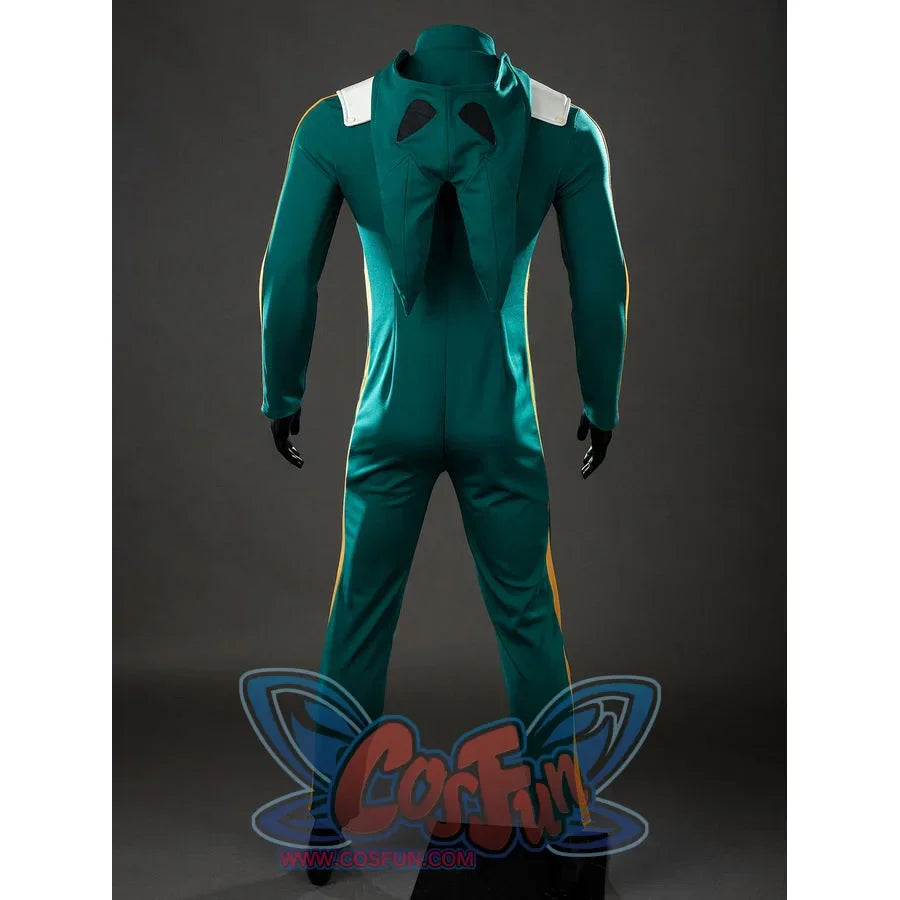 My Hero Academia Deku cosplay bodysuit back view defines the hood shape across deep green fitted panels.