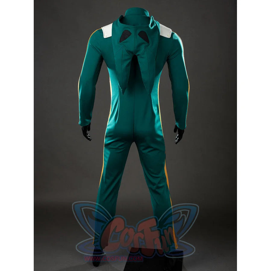 My Hero Academia Deku cosplay bodysuit back view defines the hood shape across deep green fitted panels.