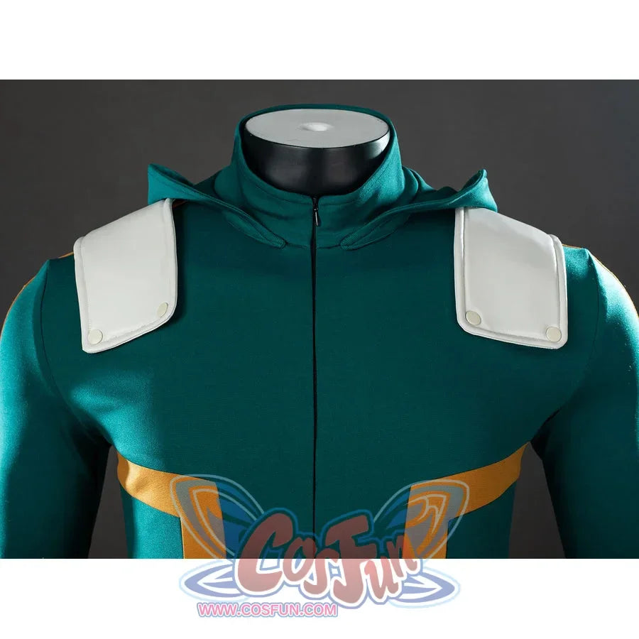 My Hero Academia Deku cosplay bodysuit chest detail frames yellow trim between white shoulder pads.